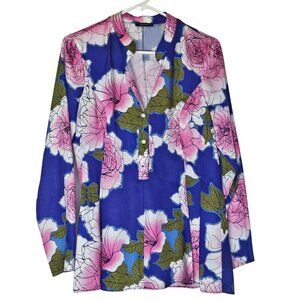 Natori Womens‎ Floral Print Long Sleeve Blouse Top Size S Cotton Blend Blue Pink